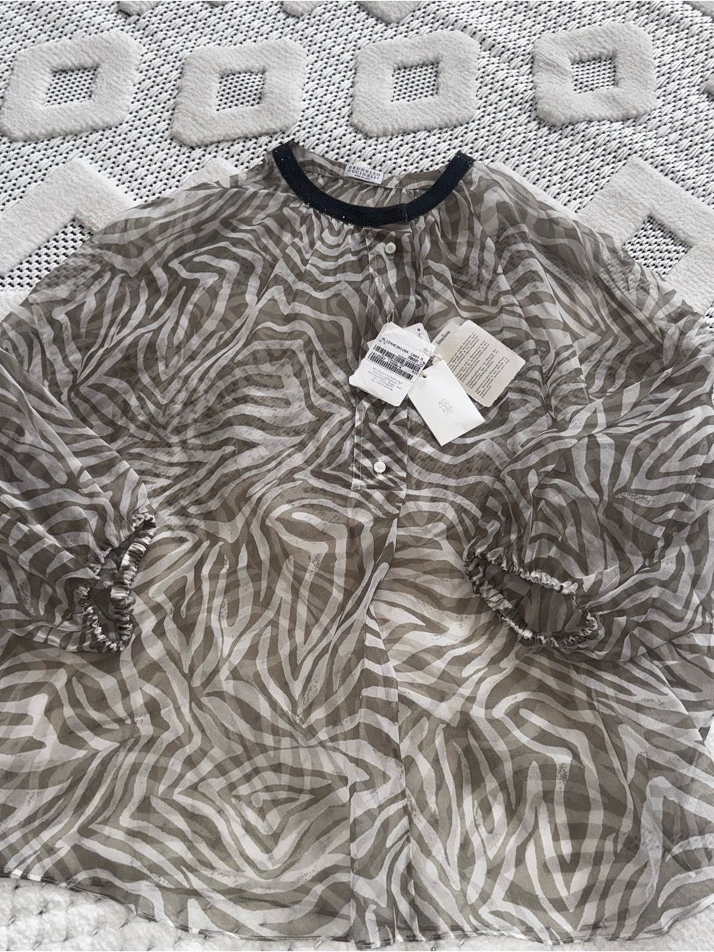 NWT!!! Brunello Cucinelli Taupe and White Sheer Zebra-Print Blouse Sz Medium